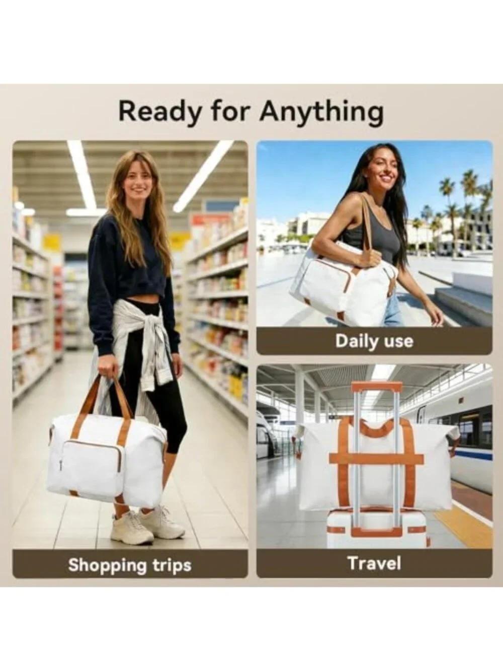 Spacious 60L Travel Duffel Bag - Foldable Large Tote for Carry-On, White/Brown